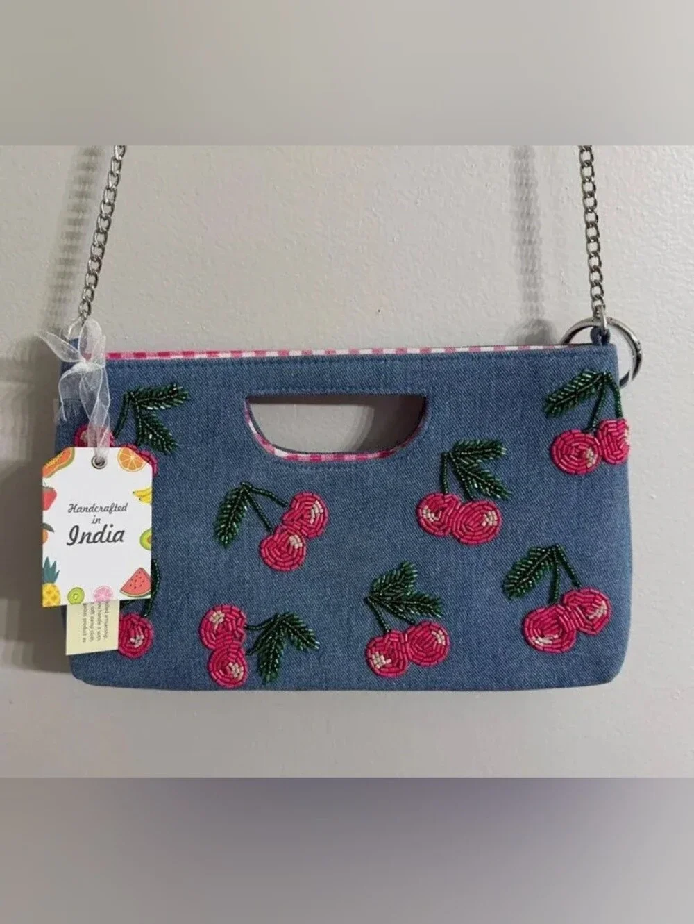 🔥VIRAL🔥 Cherry Hill Denim Beaded Crossbody Bag Pink Gingham NWT